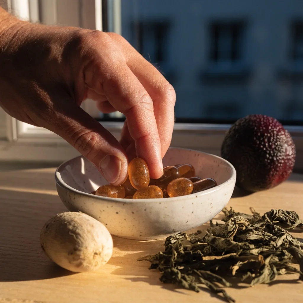 Cápsulas naturales sin marca en un plato llano sobre papel cálido junto a hojas de té verde y una baya de guaraná