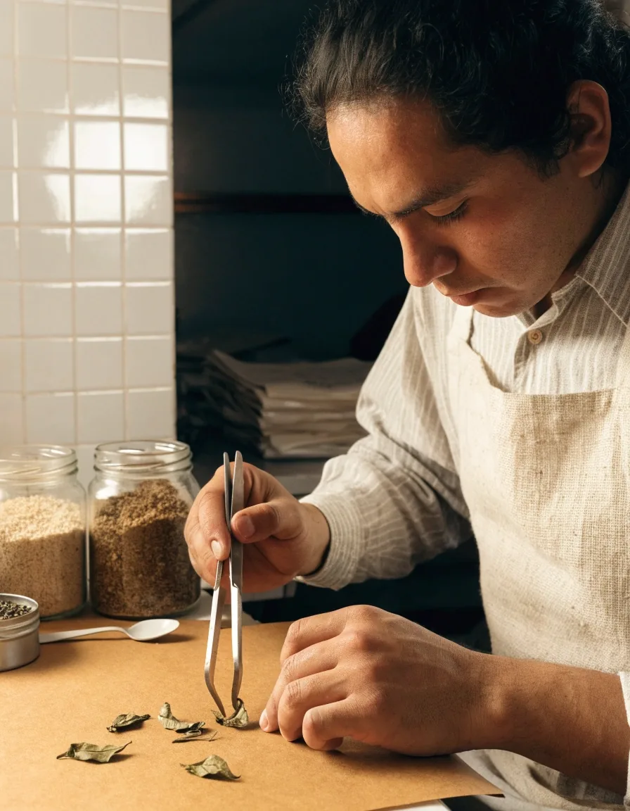 Mano ordenando hojas de té verde secas sobre una charola de papel en una mesa de trabajo