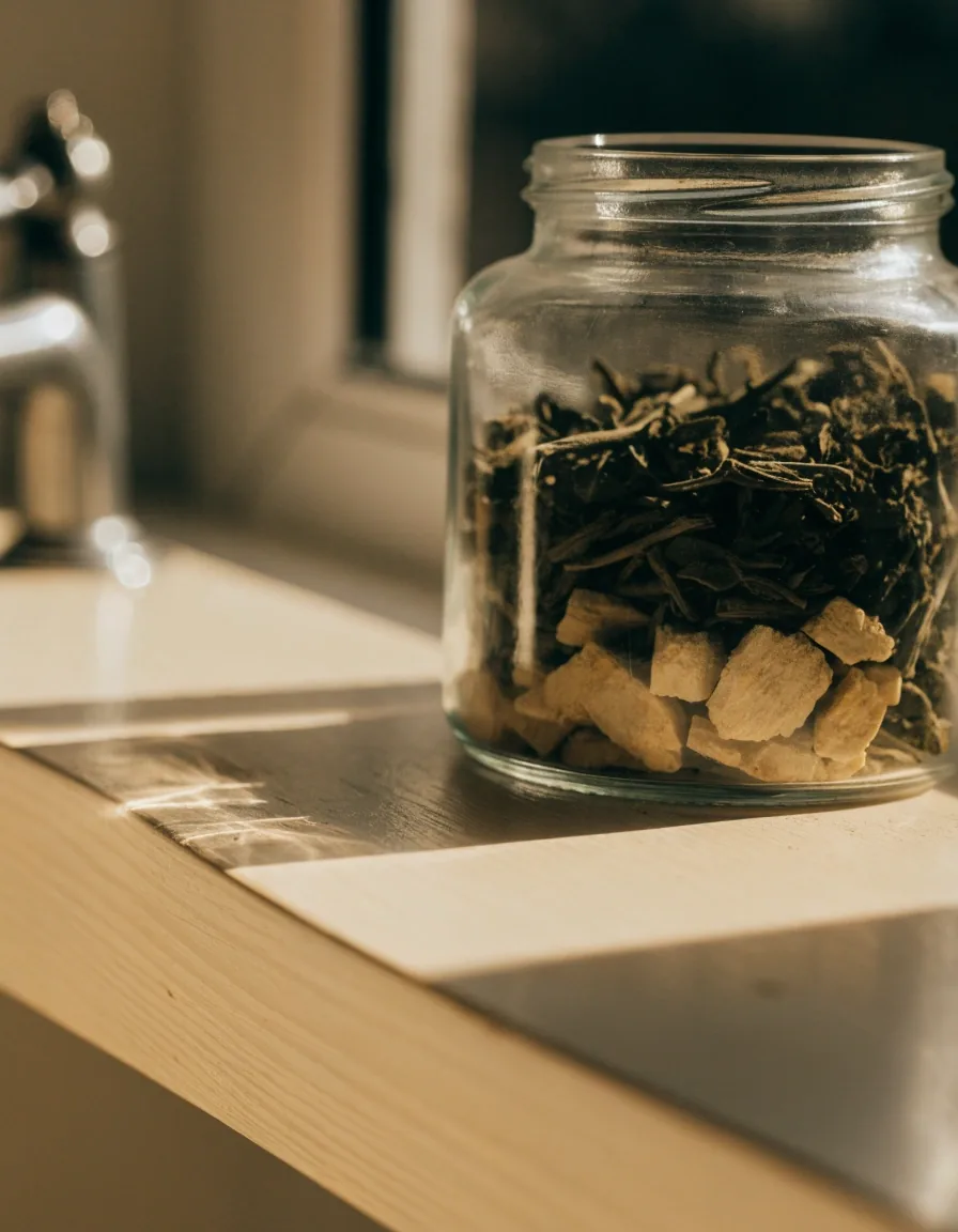 Acercamiento macro a la nervadura de una hoja de té verde seca sobre papel